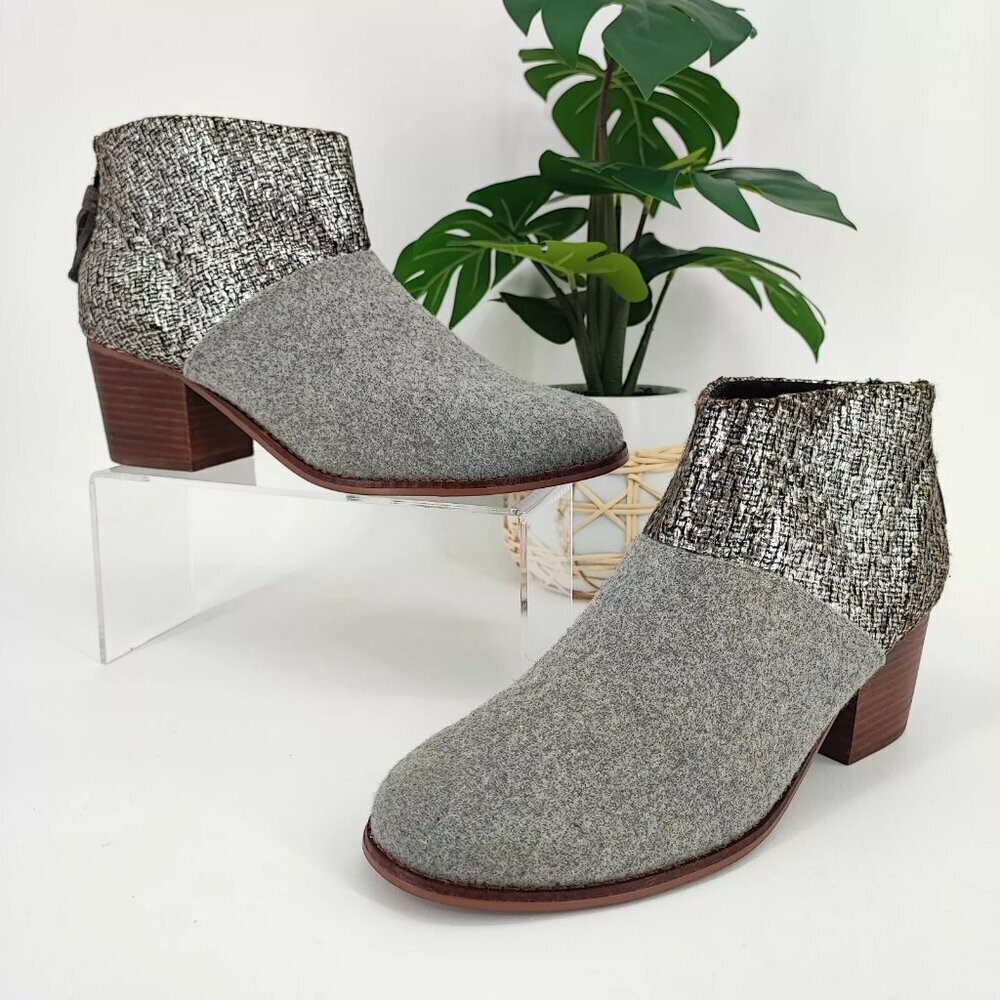 Toms Women's Leila Gray Metallic Felt Ankle Booties Size 10 US